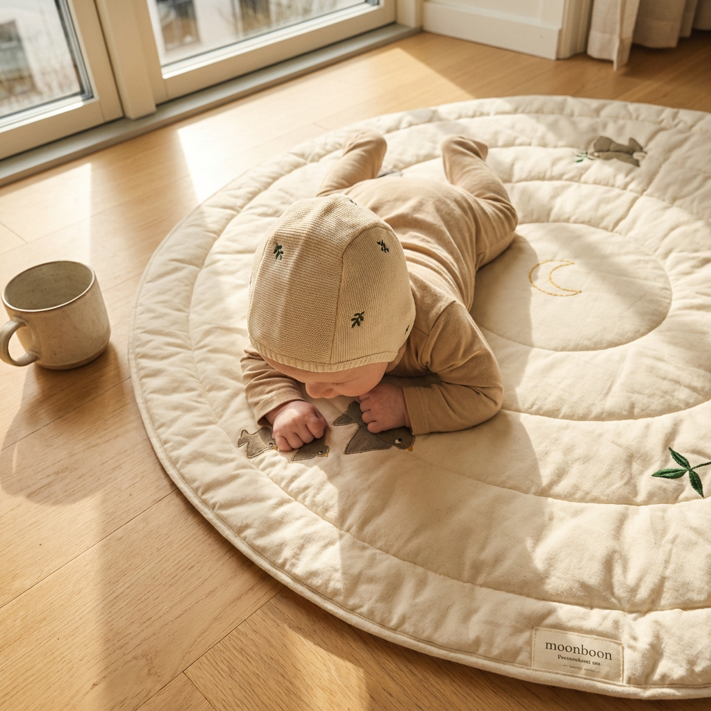 Rund legemåtte til baby i kønsneutrale farver og fine broderier - Legegulv guide - Babyhelp.dk
